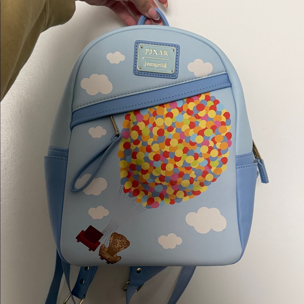 Loungefly Pixar Up Light Blue Backpack with Colorful Balloon Cluster